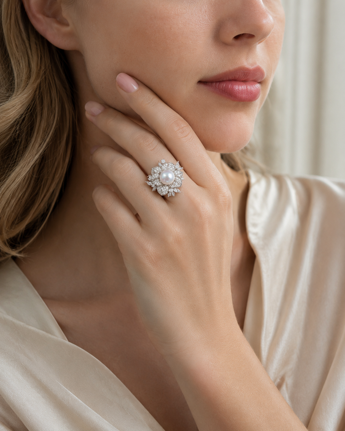 Blumenring Damen mit Süßwasserperle & Zirkonia – silberfarben