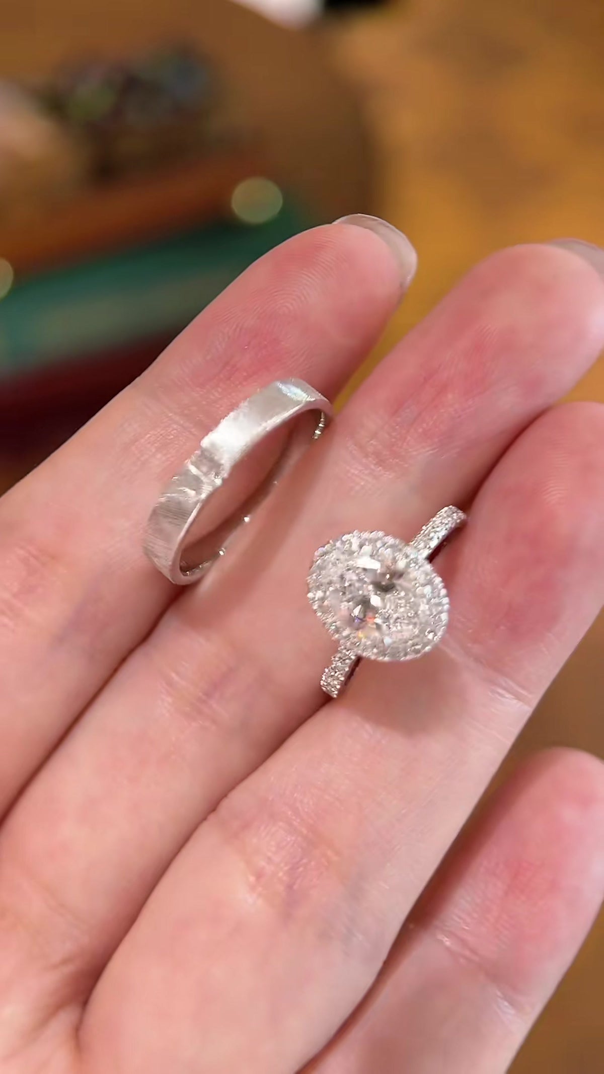 Close-up of lab-grown diamond halo bridal ring for engagement proposals