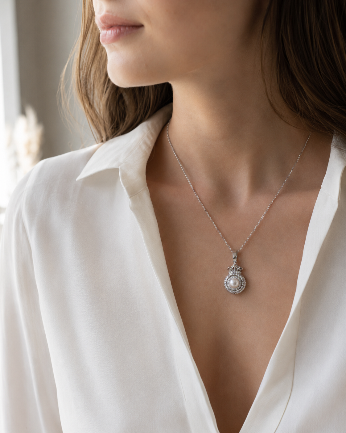 Perlenkette Damen mit Süßwasserperle & Zirkonia – gold- oder silberfarben