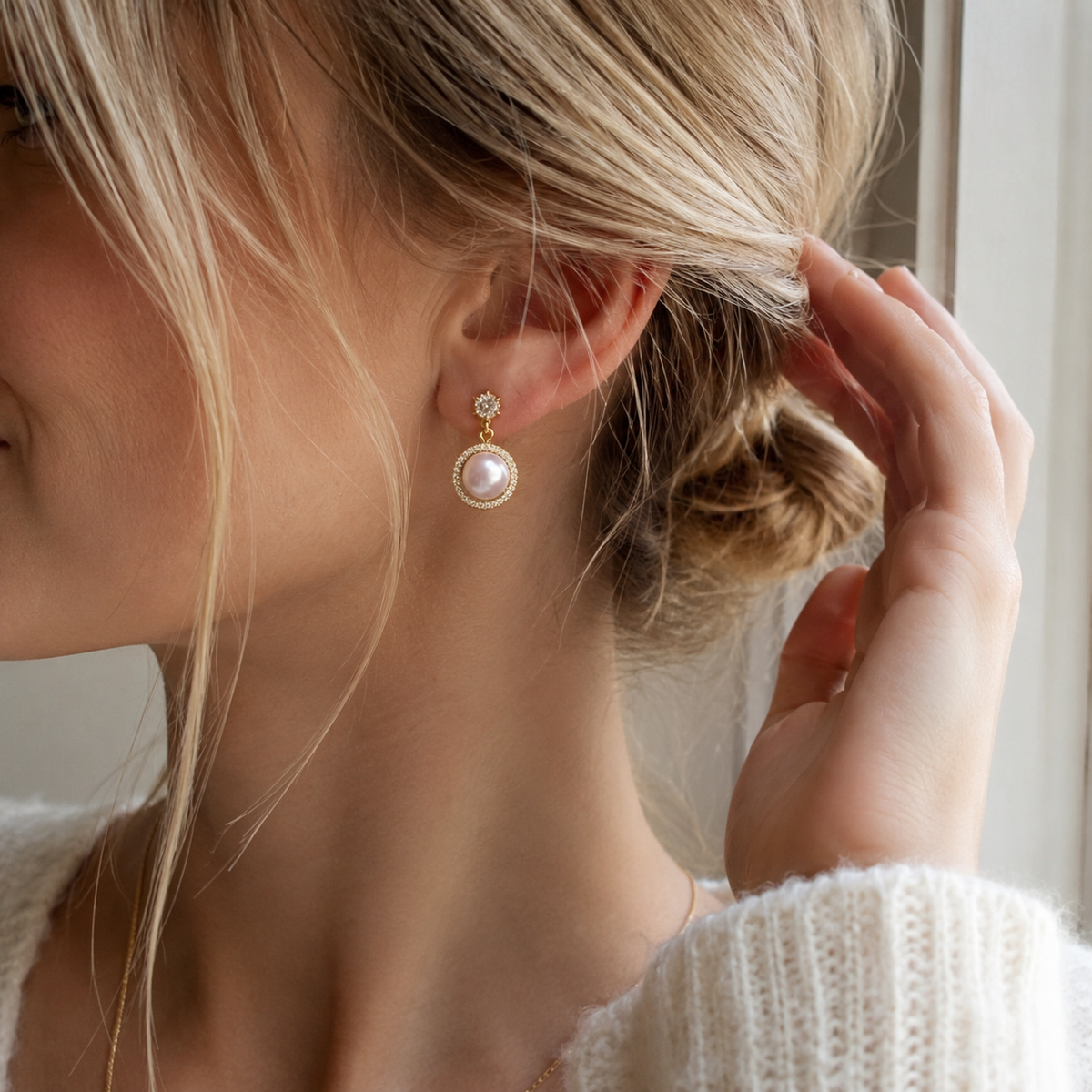 18K Gold Freshwater Pearl Halo Drop Earrings