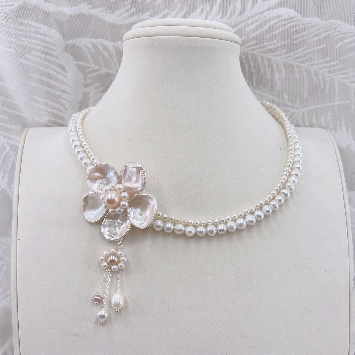 Front view of Camellia Baroque Pearl Necklace, a natural freshwater baroque pearl necklace for artistic bridal looks