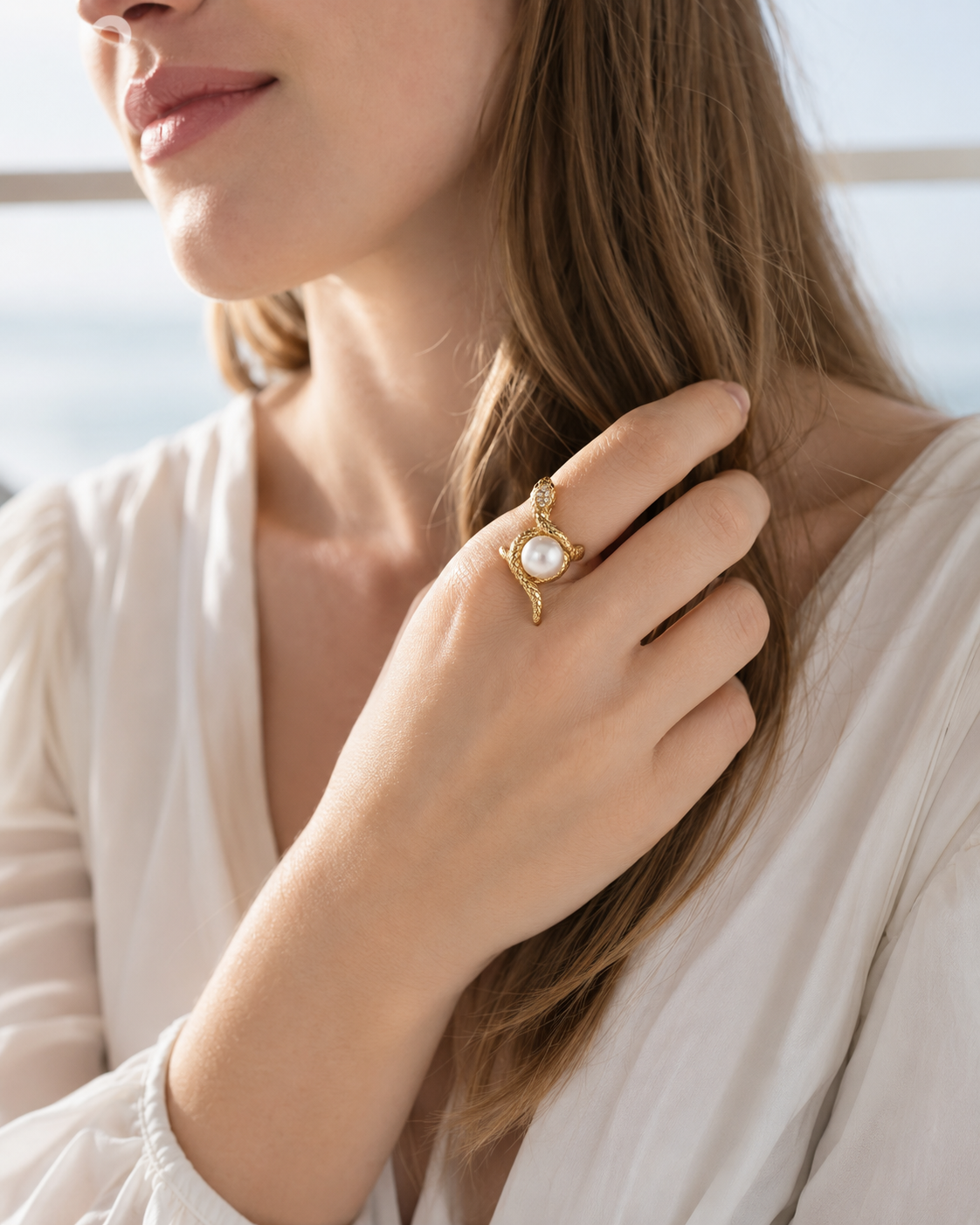 Schlangenring Damen mit Süßwasserperle & Zirkonia – goldfarben