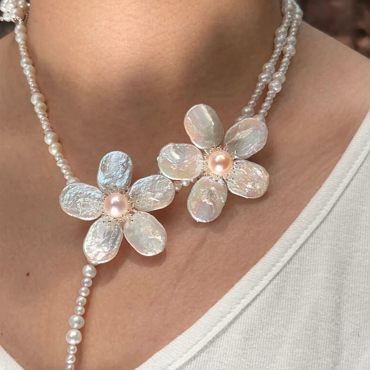 Front view of Fleur Baroque Pearl Statement Necklace, a natural freshwater baroque pearl necklace for gala evenings