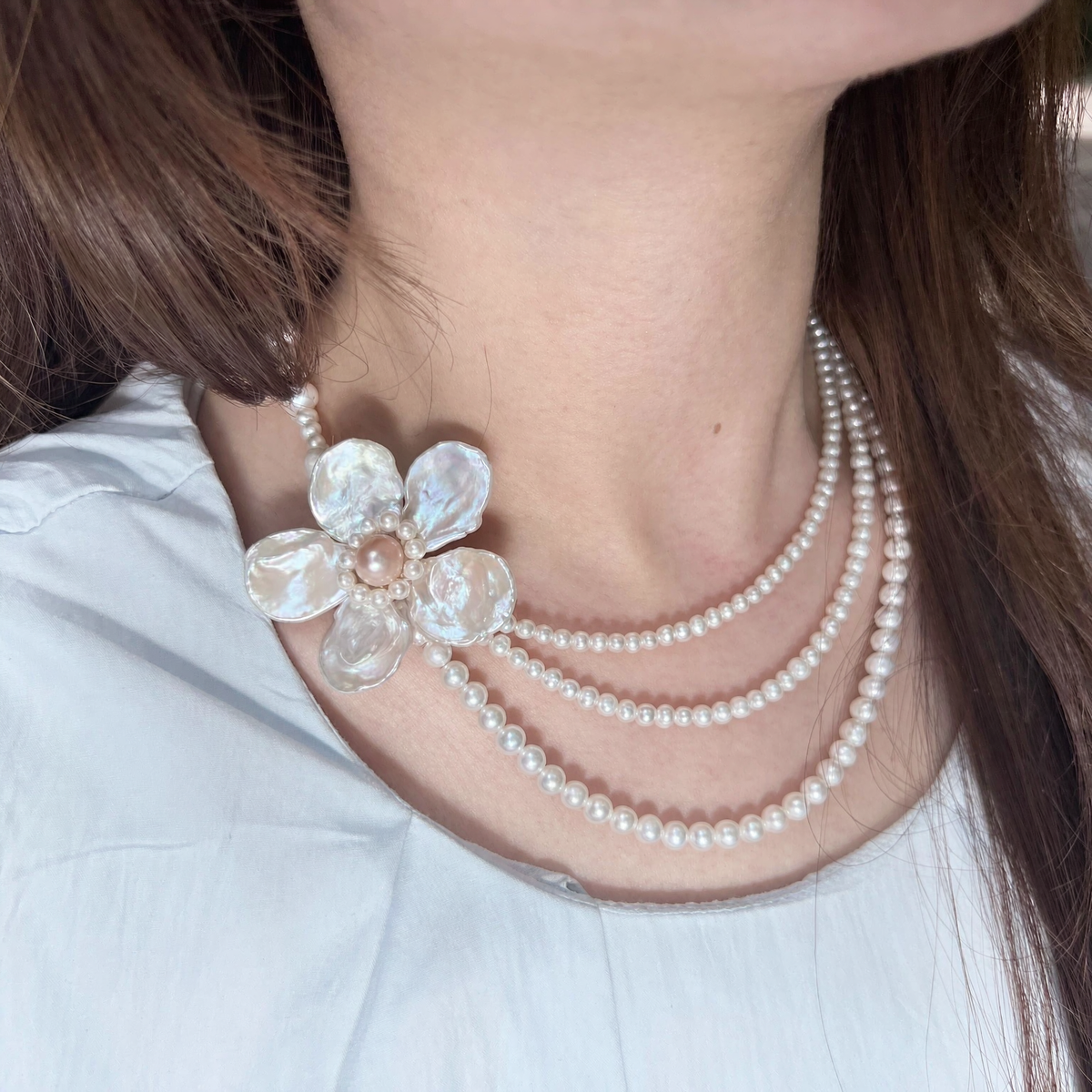 Alternate view of Grand Fleur Multi-Strand Pearl Necklace, a natural freshwater baroque pearl necklace for editorial bridal looks