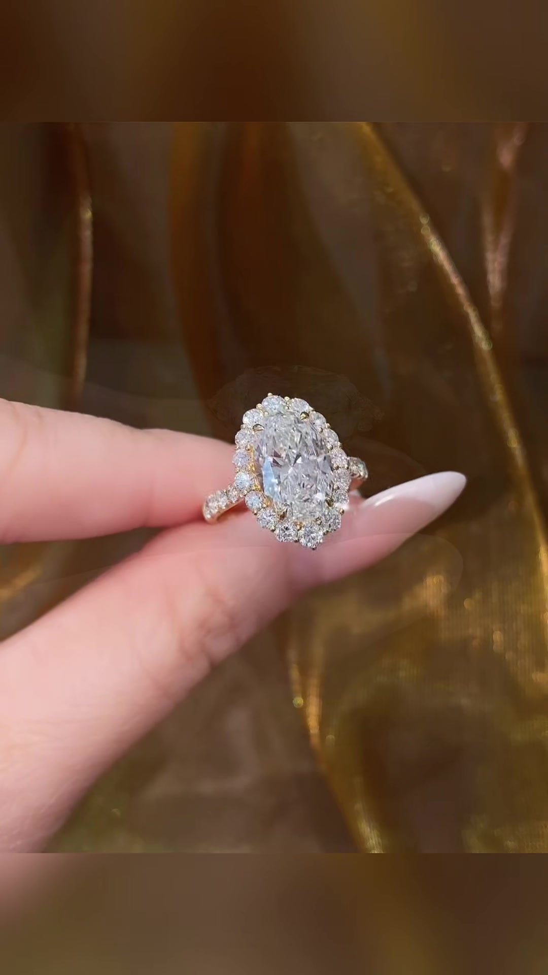 Close-up of lab-grown diamond sunflower halo engagement ring for garden proposals