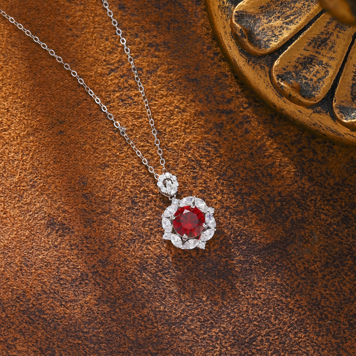 Side view of oval lab-grown ruby halo pendant necklace in 16K gold for romantic gifts