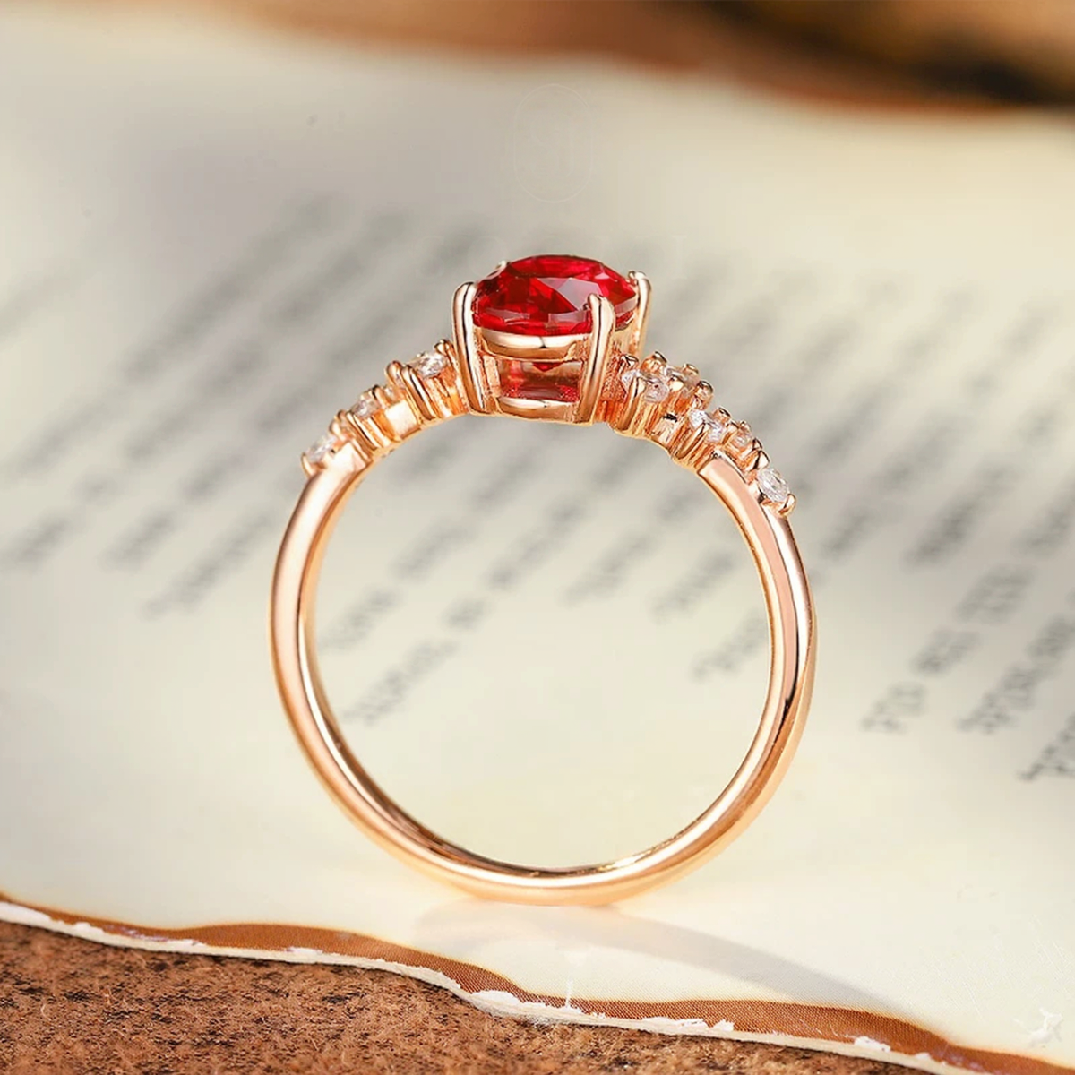 Alternate view of delicate oval lab-grown ruby side-stone ring for everyday elegance