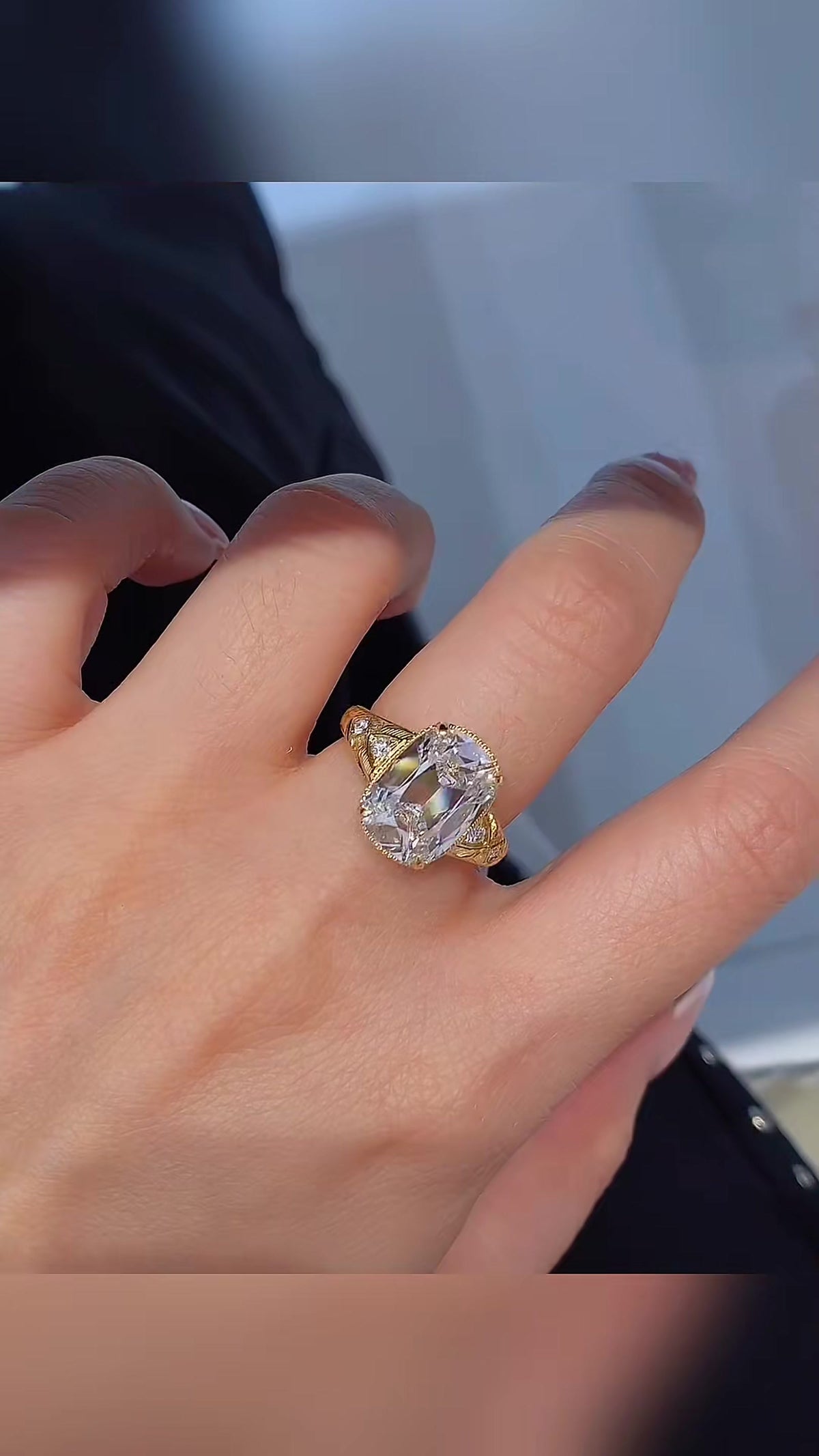 Close-up of lab-grown diamond elongated cushion cocktail ring for luxury proposals