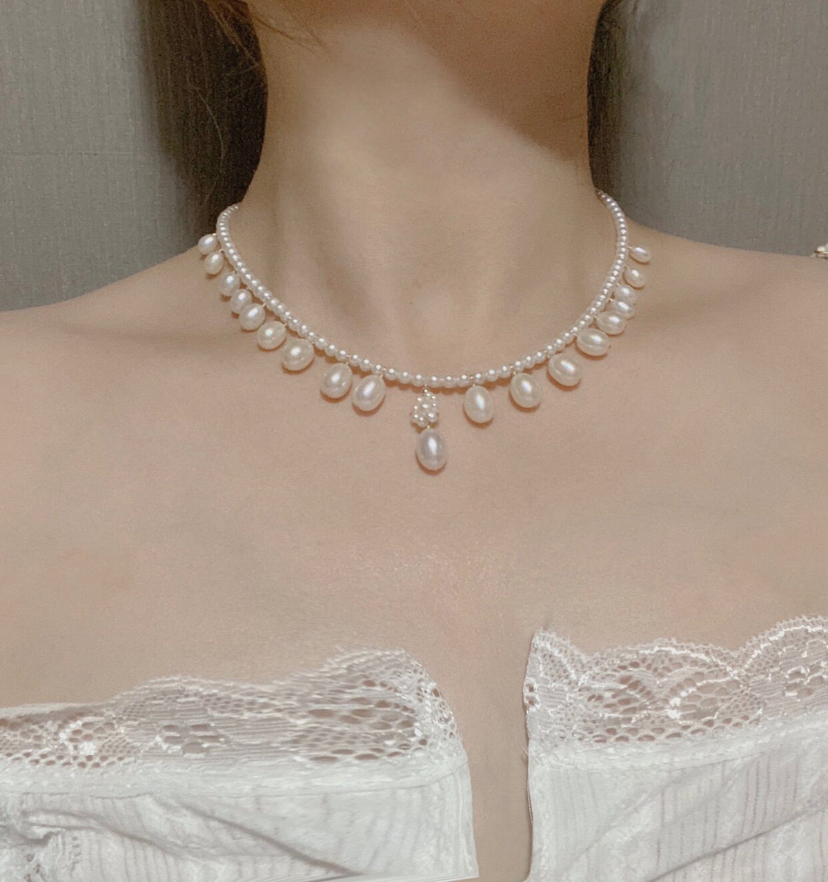 Belle 9mm Freshwater Pearl Drop Accent Necklace in Sterling Silver