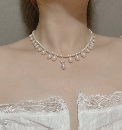 Belle 9mm Freshwater Pearl Drop Accent Necklace in Sterling Silver