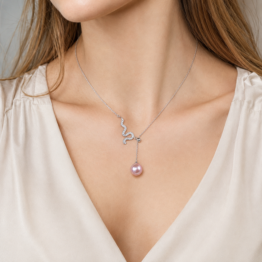925 Silver Snake Necklace with Pink Freshwater Pearl