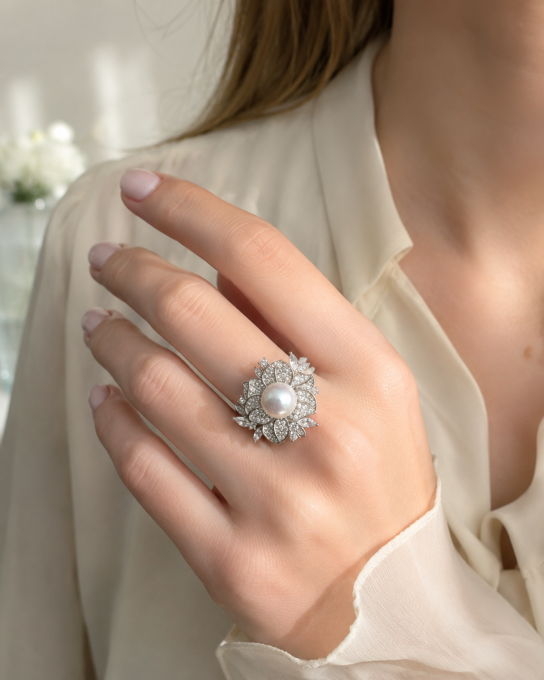 Blumenring Damen mit Süßwasserperle & Zirkonia – silberfarben