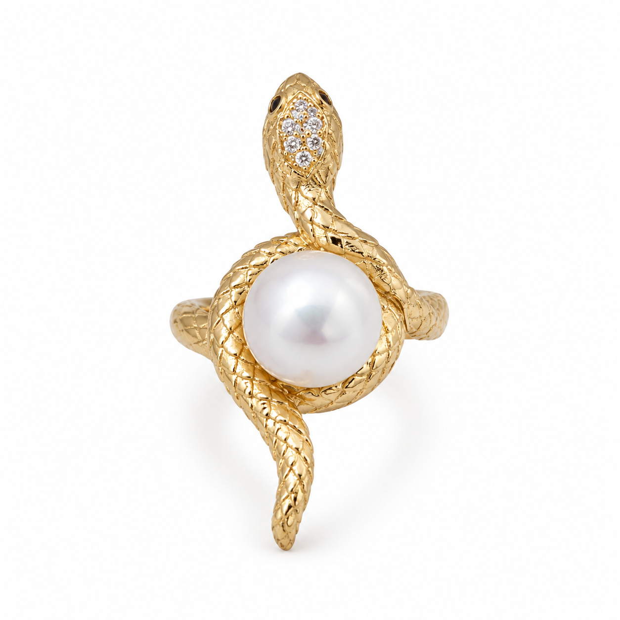 Schlangenring Damen mit Süßwasserperle & Zirkonia – goldfarben
