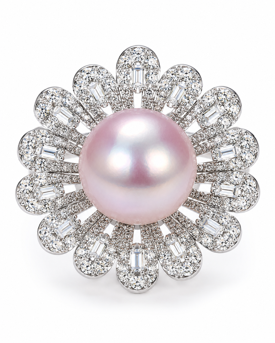 Adjustable Pink Freshwater Pearl Flower Ring — Silver Tone