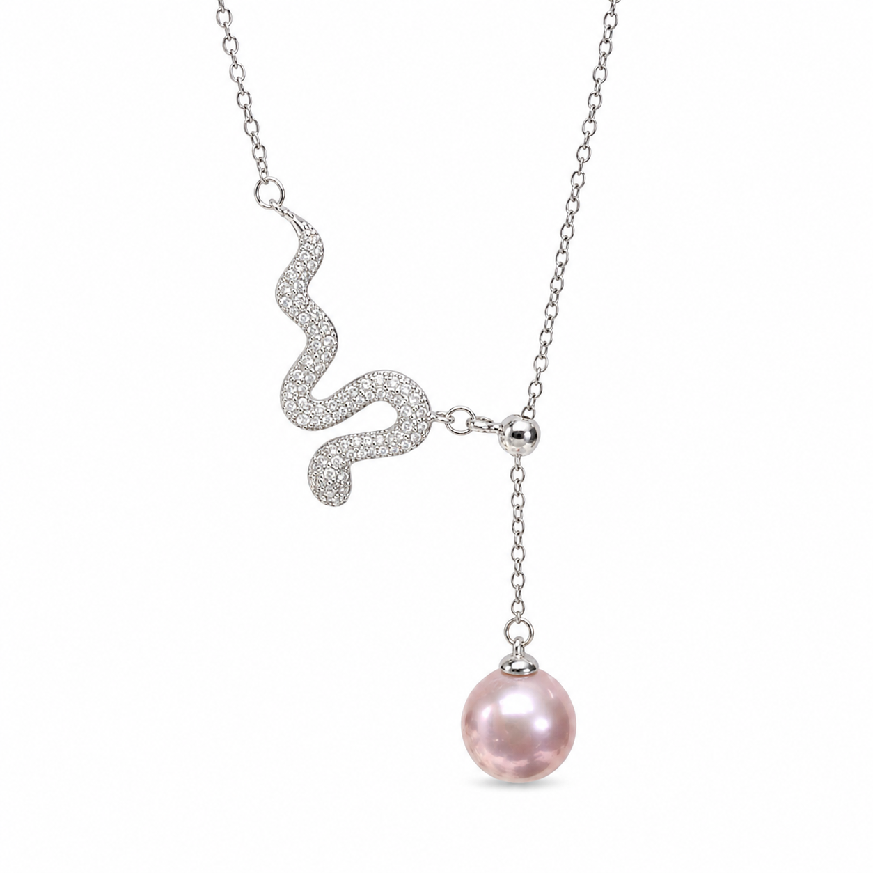 Schlangen-Halskette aus 925er Sterlingsilber mit rosa Süßwasserperle und Zirkonia