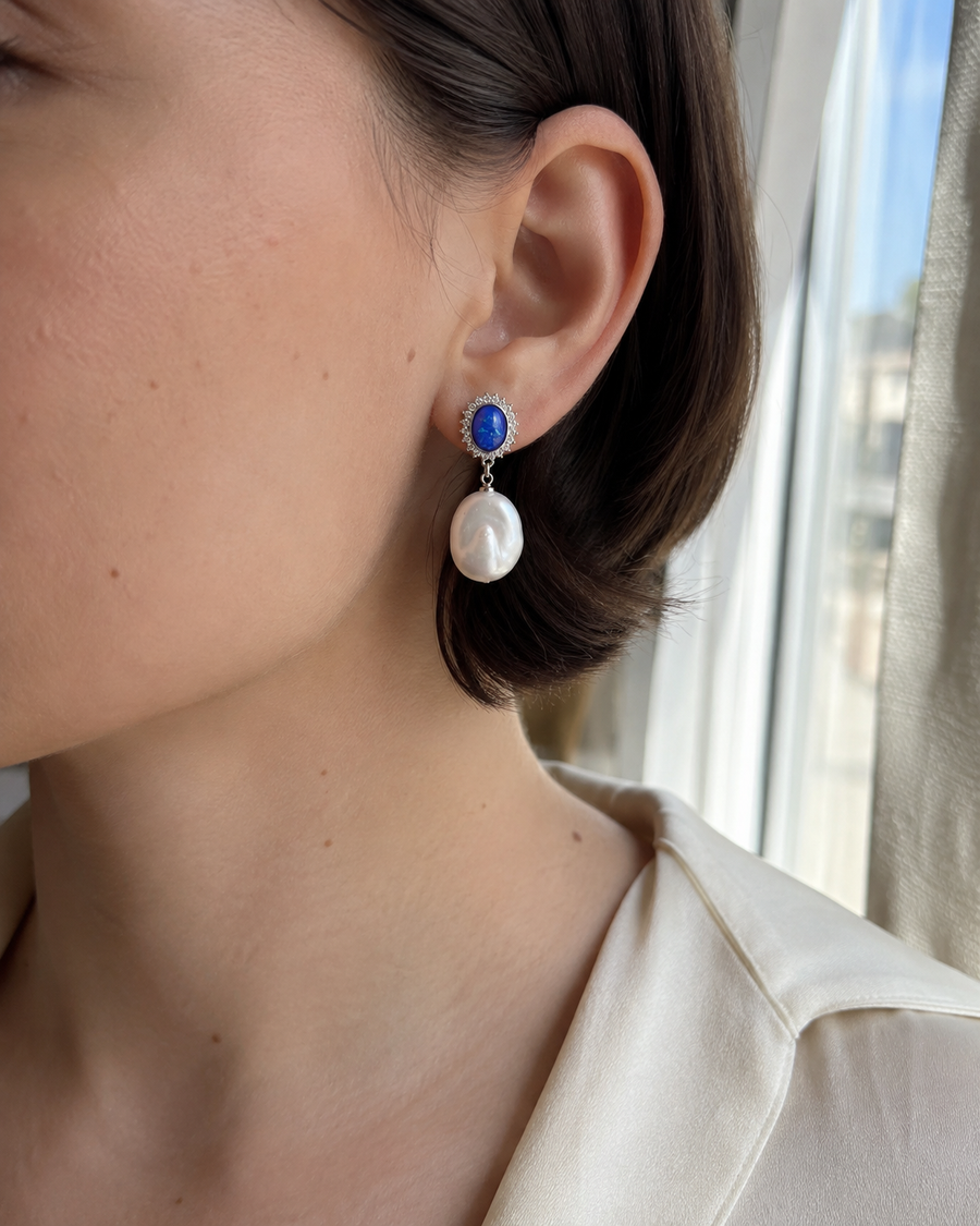 18K Gold Large Baroque Pearl Blue Halo Drop Earrings