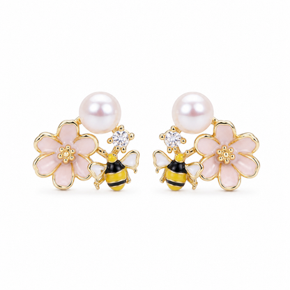 Bienenblüten-Ohrringe aus 14K Gold mit Süßwasserperlen und Zirkonia