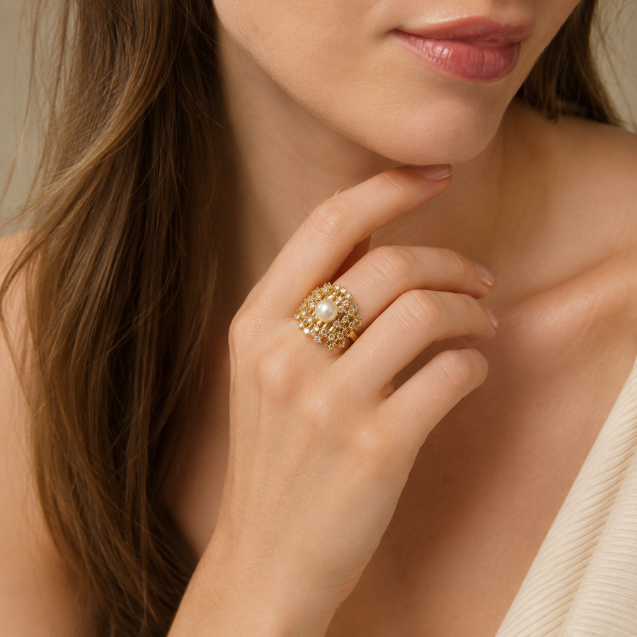 Freshwater Pearl Halo Ring — 14K Gold or 925 Sterling Silver