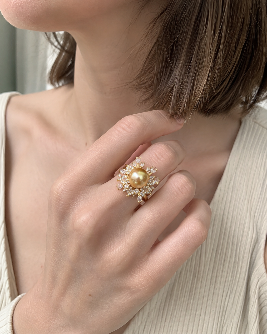 Statement-Perlenring Damen mit Salzwasserperle – gold- oder silberfarben