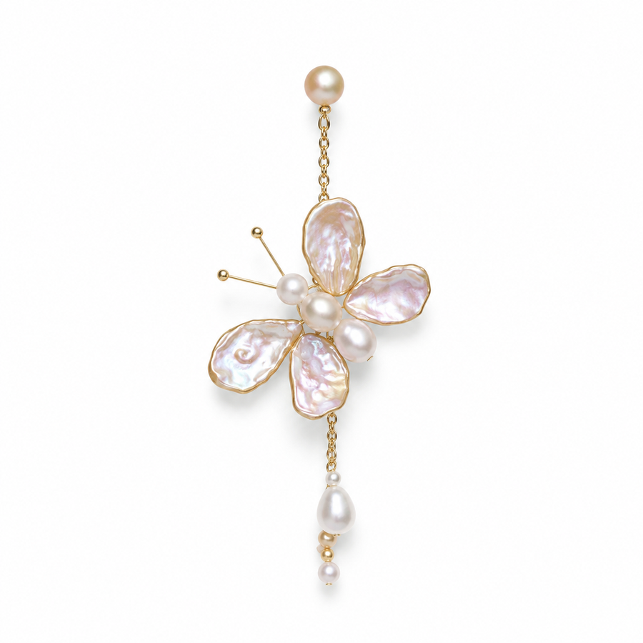 Long Silver Butterfly Earrings with Baroque Pearls