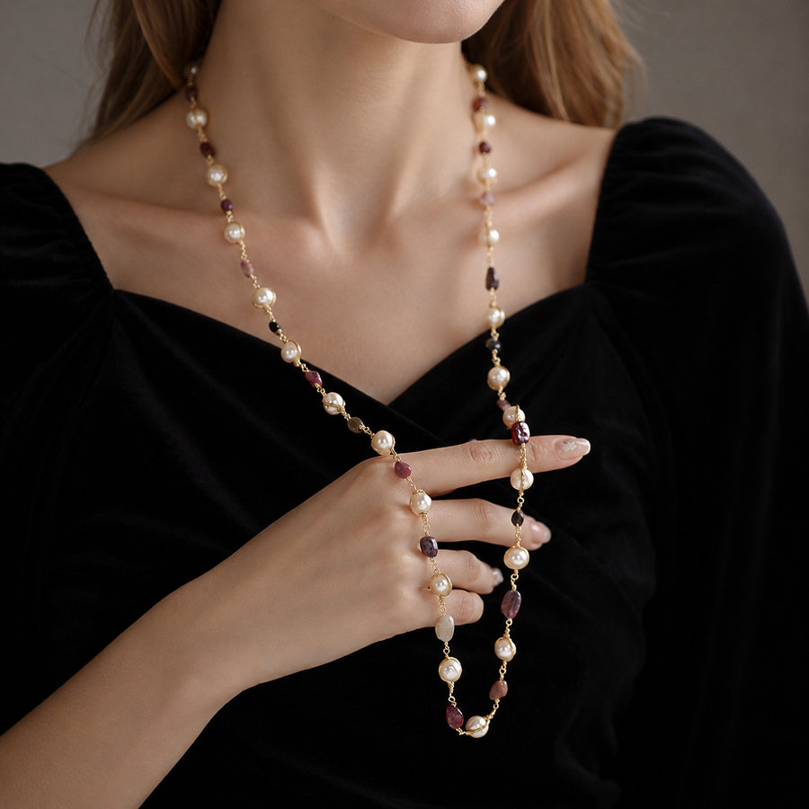 Seraphine Long Pearl & Purple Gemstone Necklace