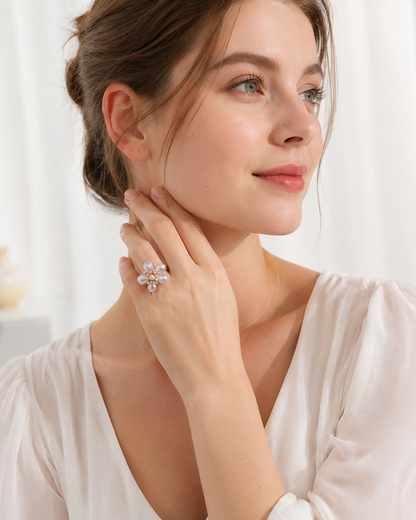 Blumenring Damen mit rosa Süßwasserperlen & Zirkonia – goldfarben