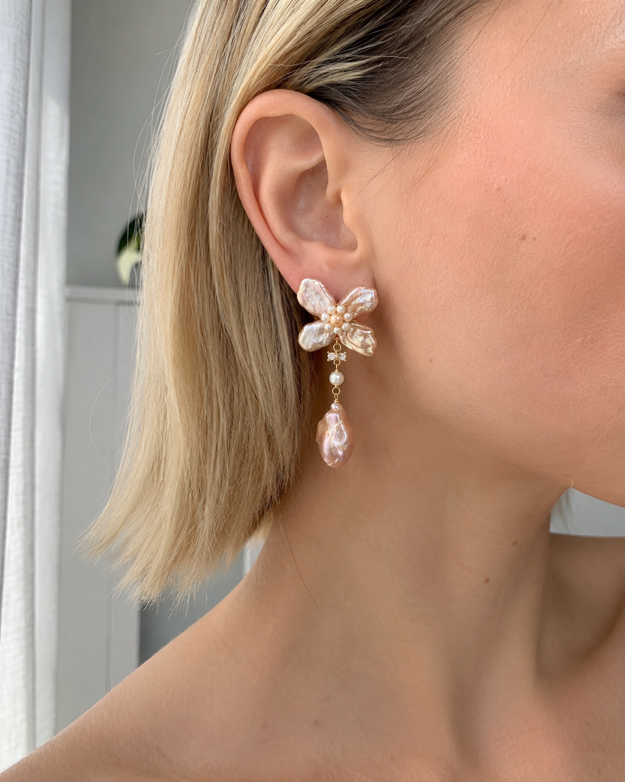 Women’s Baroque Pearl Flower Earrings with Drop Pearls