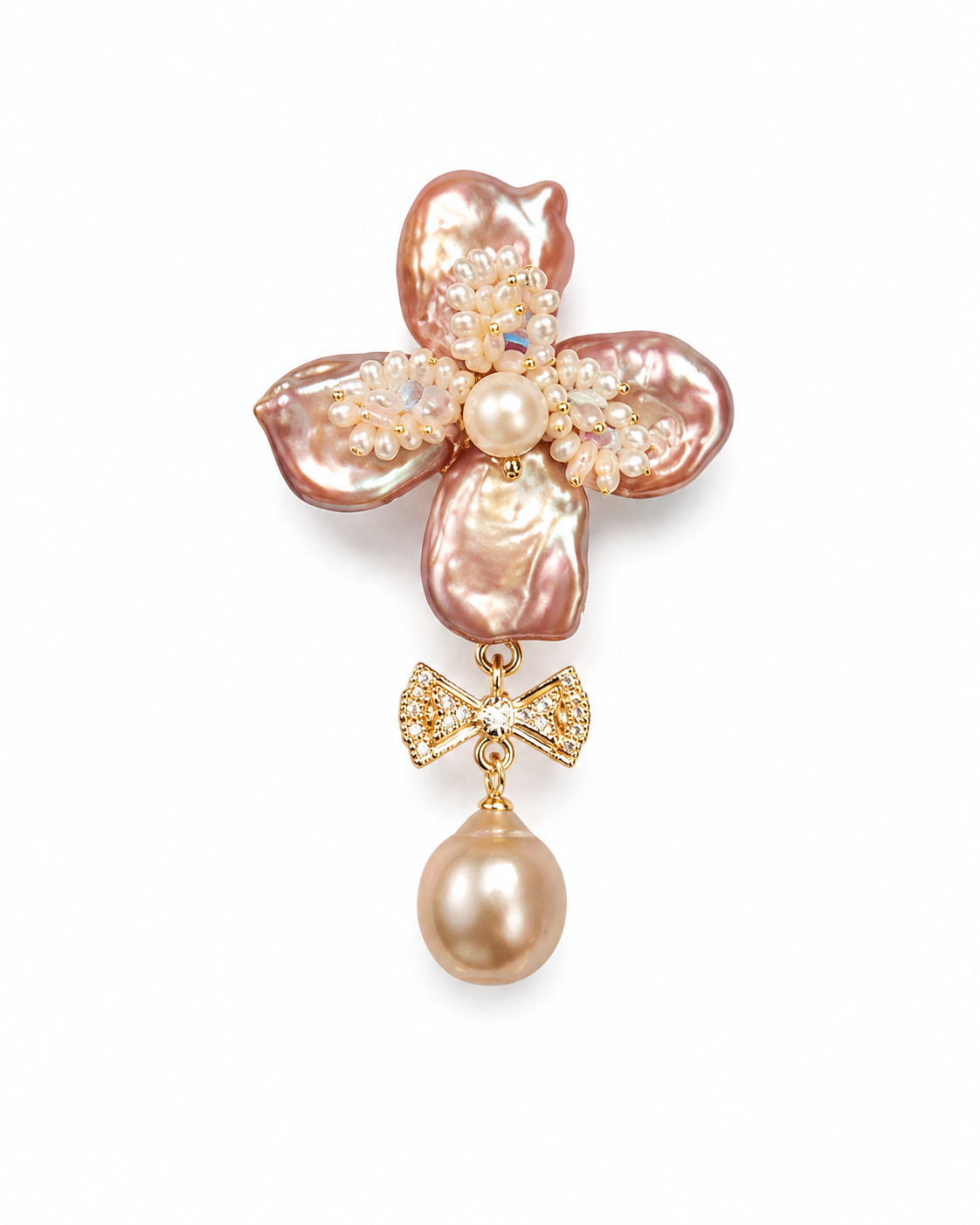 Lange Blumenohrringe Damen mit Barockperlen & Schleifendetail