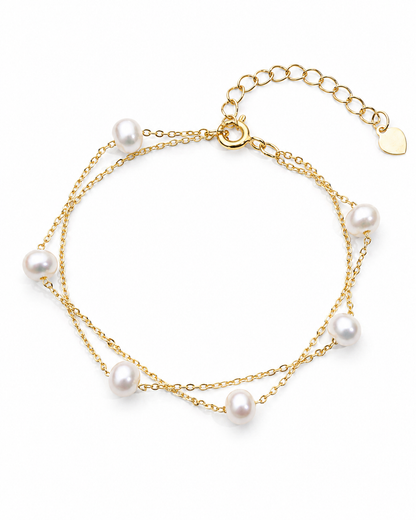 Perlenarmband Damen mit Süßwasserperlen – zweireihig & goldfarben