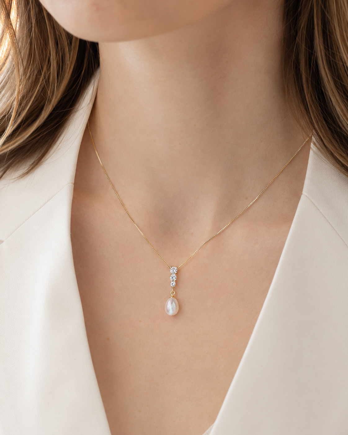 Perlenkette Damen mit Süßwasserperle & Zirkonia – goldfarben