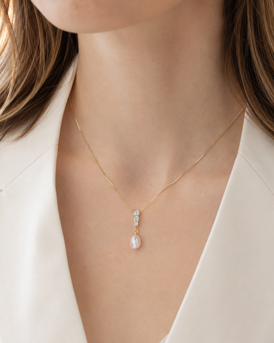 Freshwater Pearl and Cubic Zirconia Necklace — Gold Tone