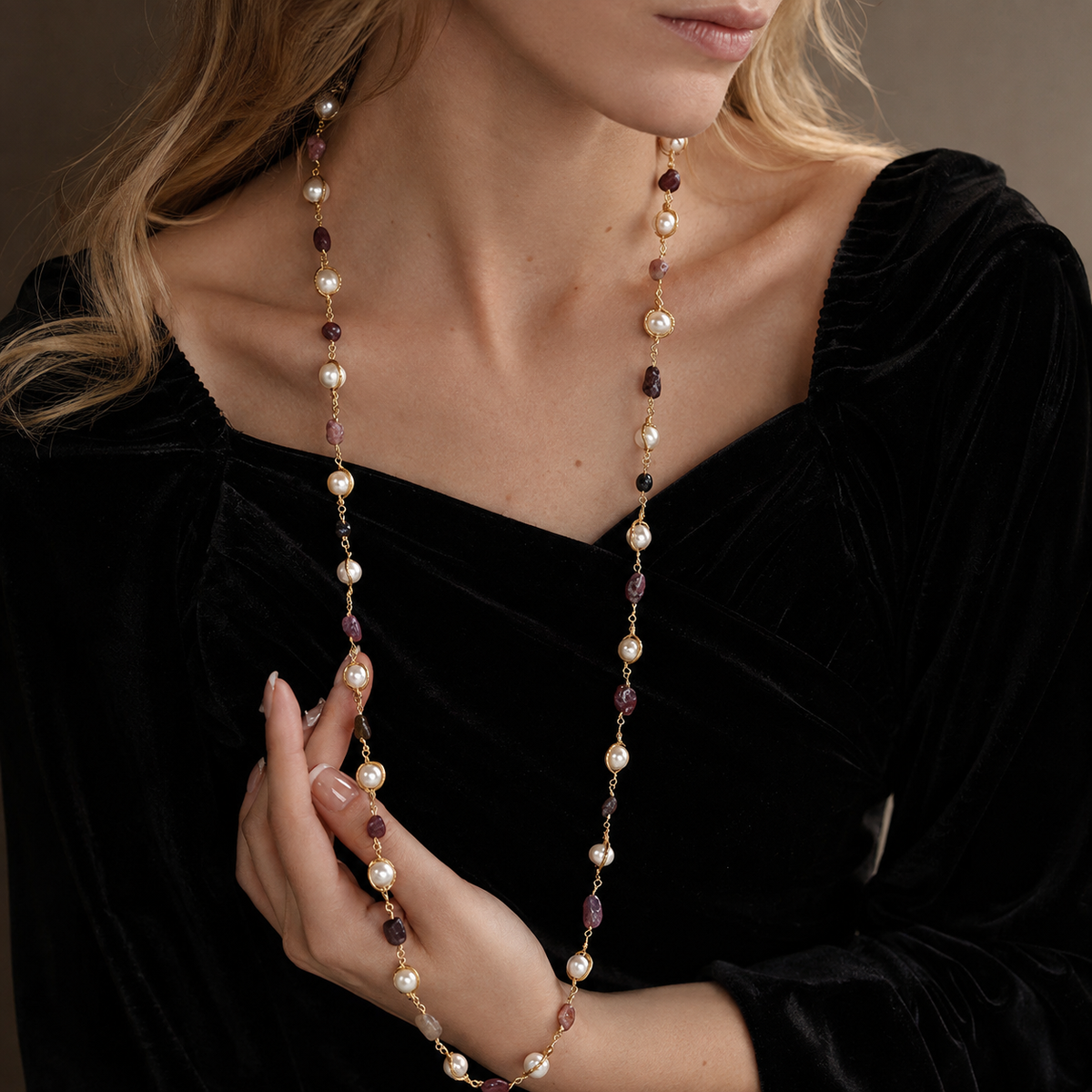 Seraphine Long Pearl & Purple Gemstone Necklace