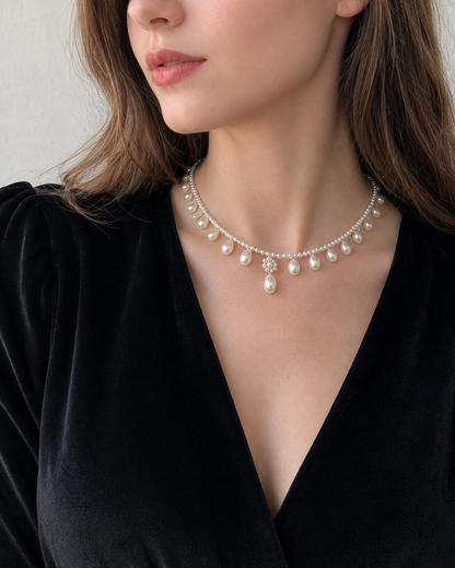 Belle 9mm Freshwater Pearl Drop Accent Necklace in Sterling Silver