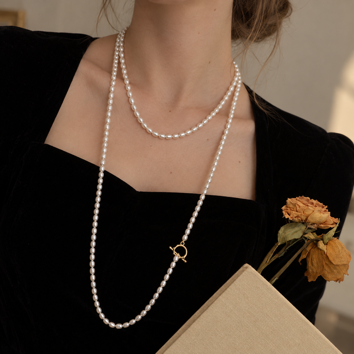 Long 4mm Freshwater Pearl Lariat Necklace in 14K Gold