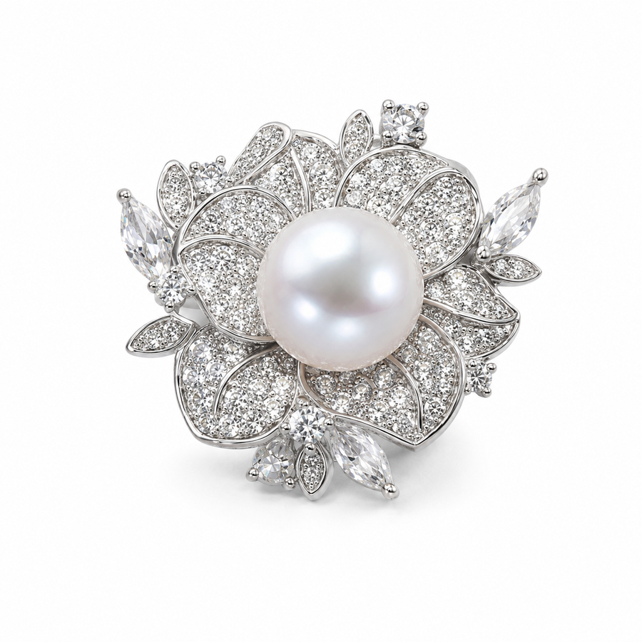 Freshwater Pearl Flower Ring with Cubic Zirconia — Silver Tone