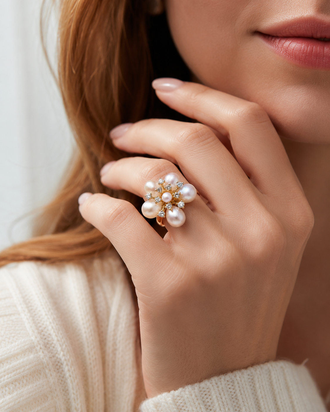 Blumenring Damen mit rosa Süßwasserperlen & Zirkonia – goldfarben