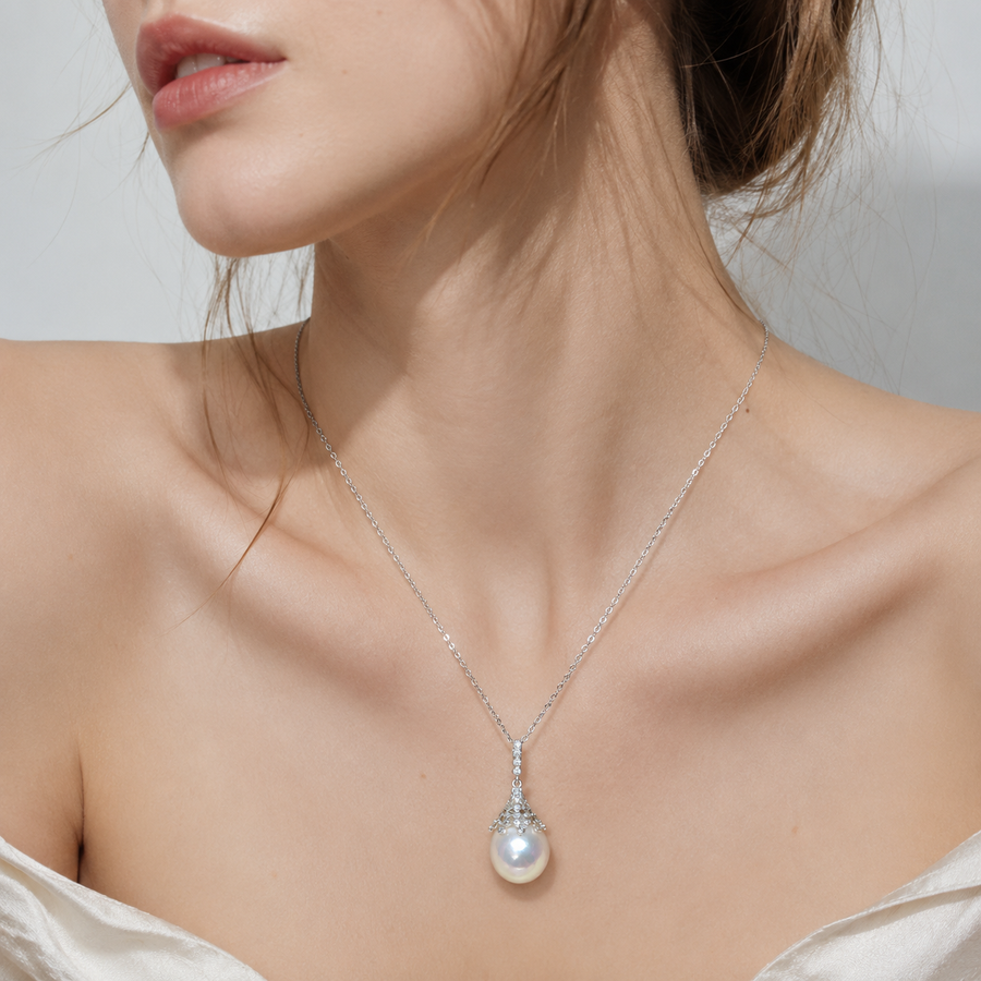 925 Silver Necklace with Natural Freshwater Pearl and Cubic Zirconia