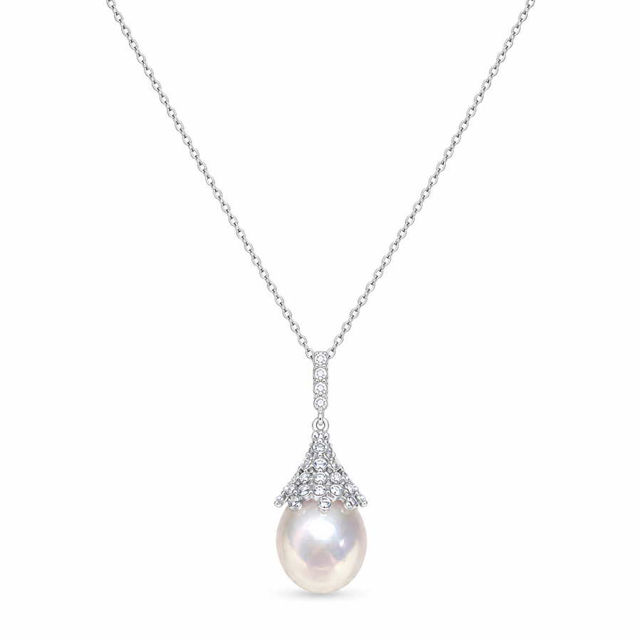 925 Silver Necklace with Natural Freshwater Pearl and Cubic Zirconia