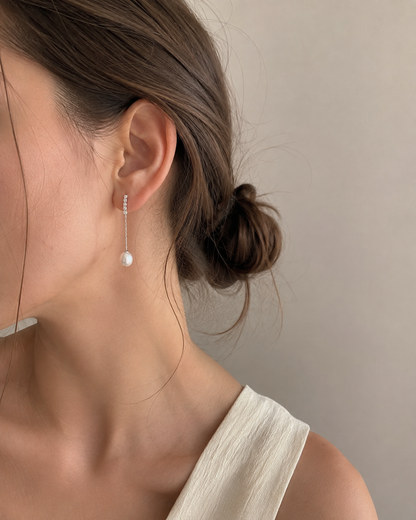 Long Natural Pearl Earrings with Fine Silver Chains