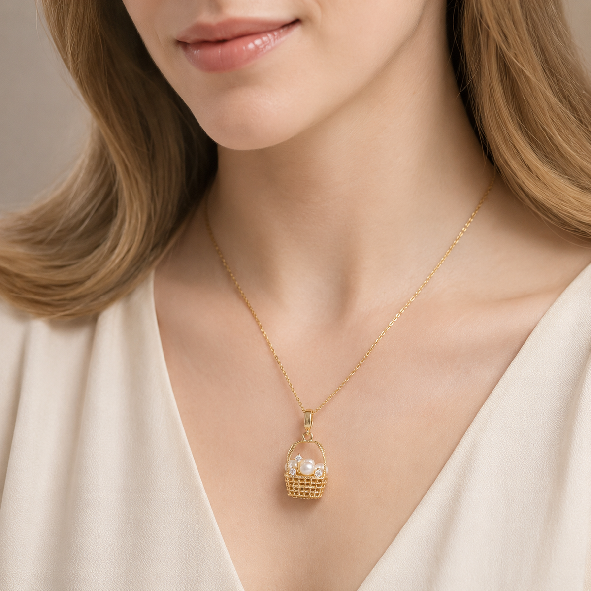 Basket Necklace with Natural Freshwater Pearls and Cubic Zirconia