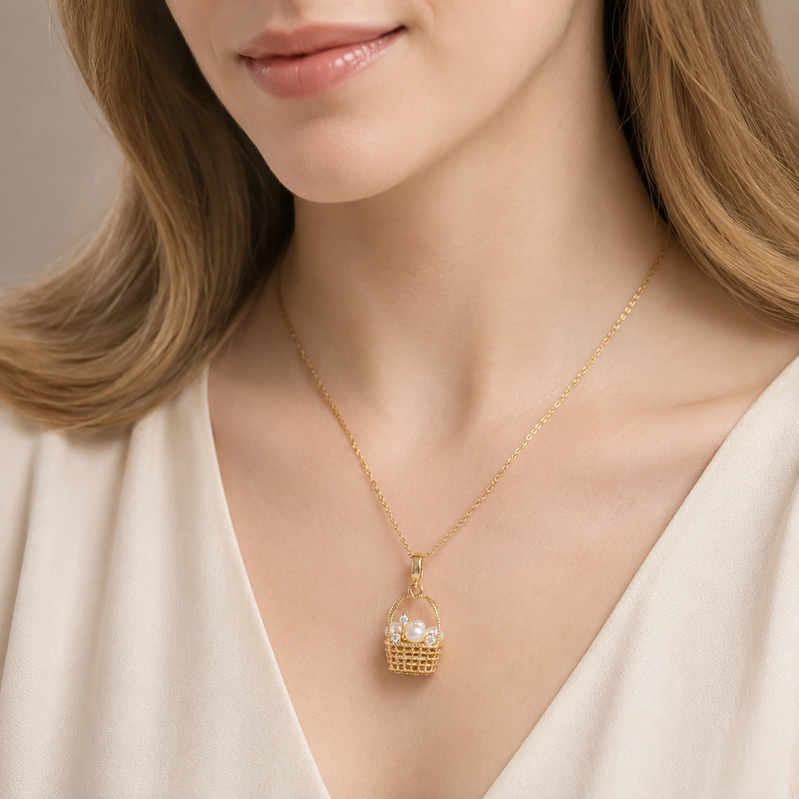 Basket Necklace with Natural Freshwater Pearls and Cubic Zirconia