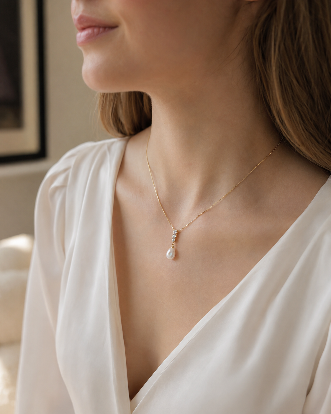 Perlenkette Damen mit Süßwasserperle & Zirkonia – goldfarben