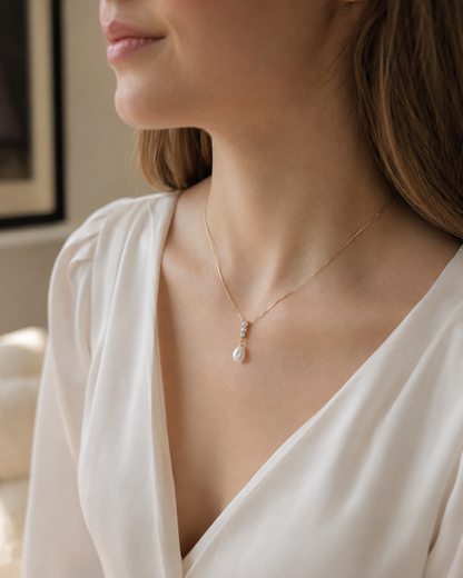 Perlenkette Damen mit Süßwasserperle & Zirkonia – goldfarben