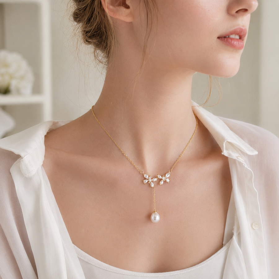 Fleur 14K Gold Y Necklace with Freshwater Pearl and Cubic Zirconia