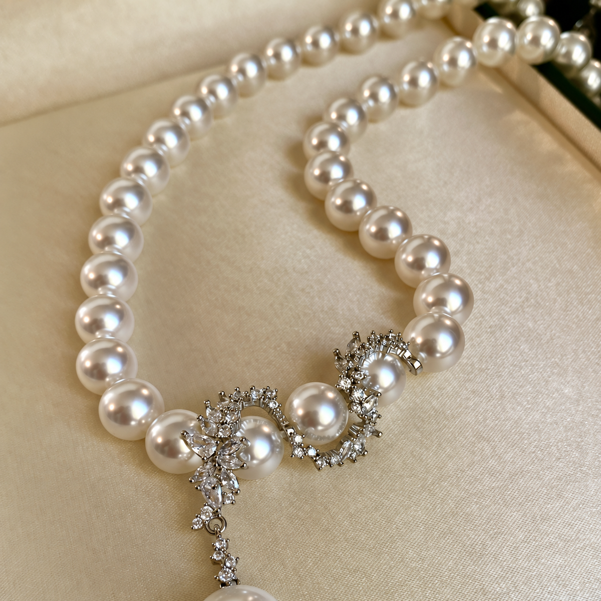 Aurora 10mm Akoya Pearl Crystal Floral Statement Necklace in Sterling Silver