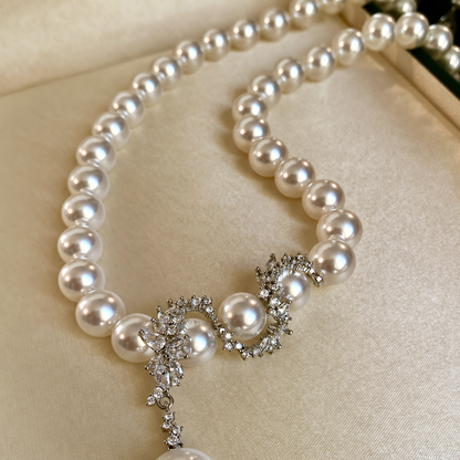 Aurora 10mm Akoya Pearl Crystal Floral Statement Necklace in Sterling Silver