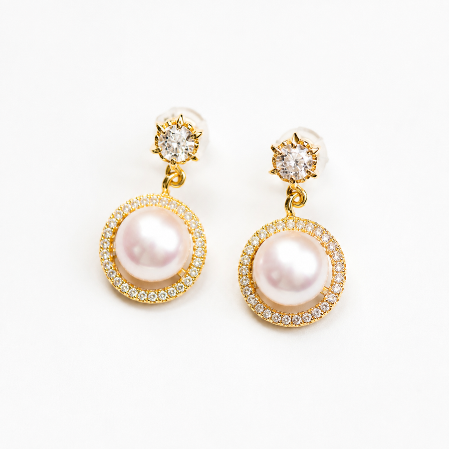 18K Gold Freshwater Pearl Halo Drop Earrings
