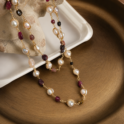 Seraphine Long Pearl & Purple Gemstone Necklace