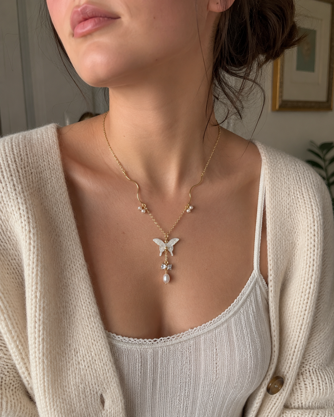 Women’s Butterfly Necklace with Natural Pearl and Mother-of-Pearl