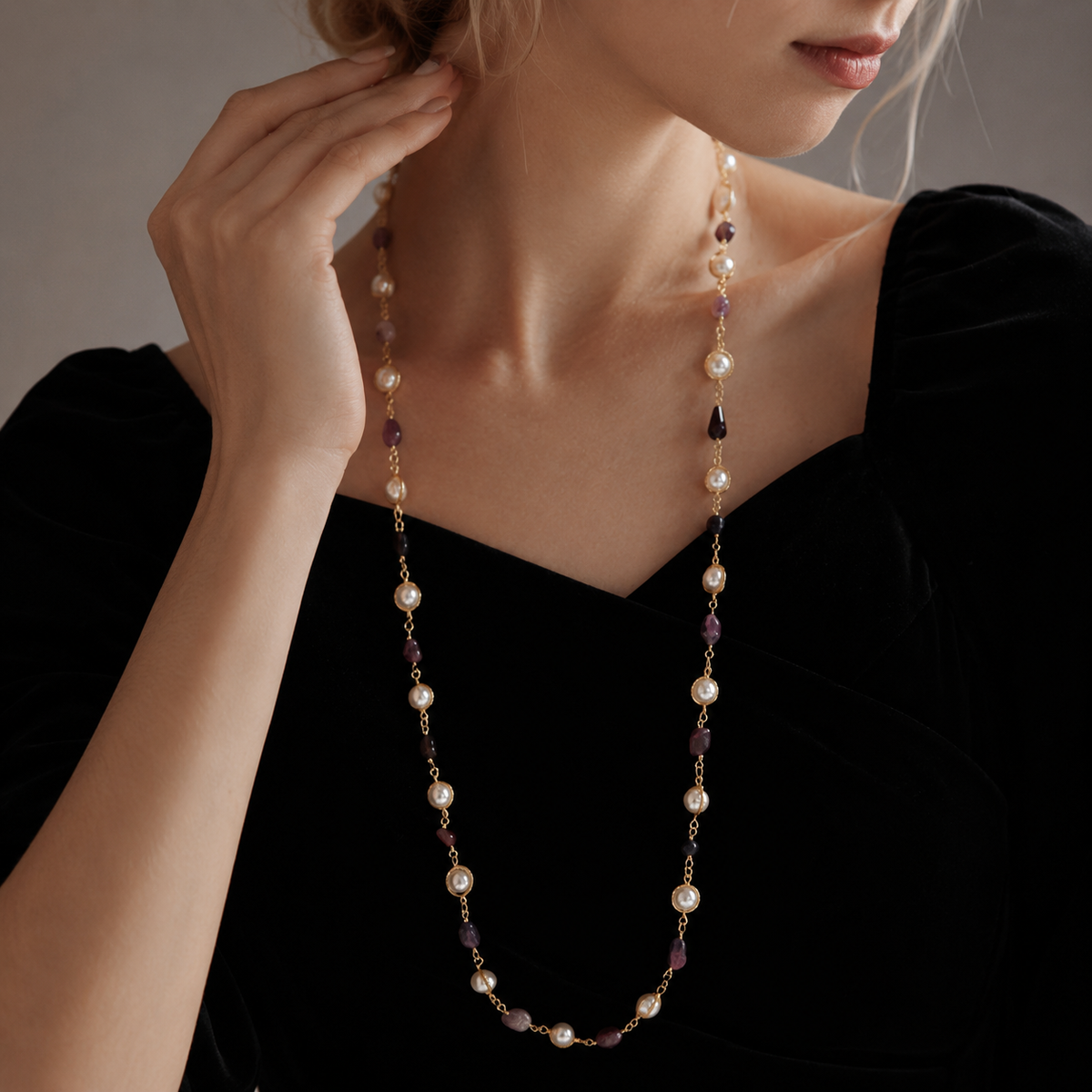 Seraphine Long Pearl & Purple Gemstone Necklace